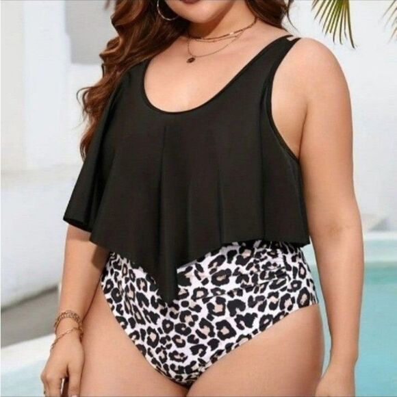 Women's Plus Ruffle Hem Leopard Print One Piece Bathing Suit sz 2X - Picture 3 of 5
